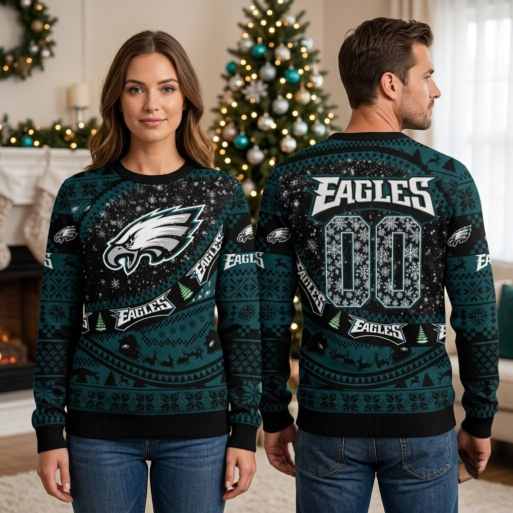 Philadelphia Eagles Snowflake Logo Number 00 Ugly Christmas Sweater