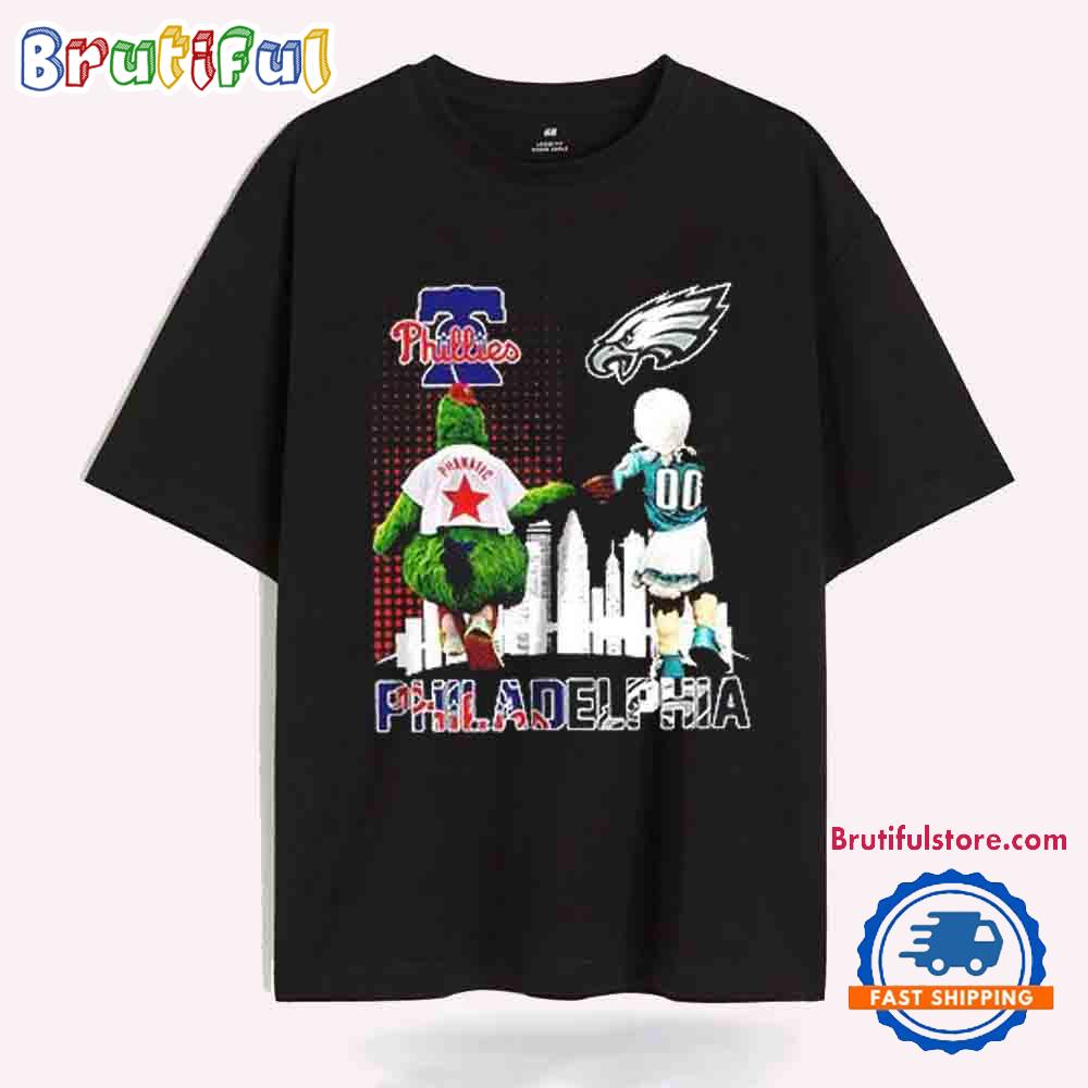Philadelphia Phillies and Philadelphia Eagles Mascot City Skyline T-Shirt