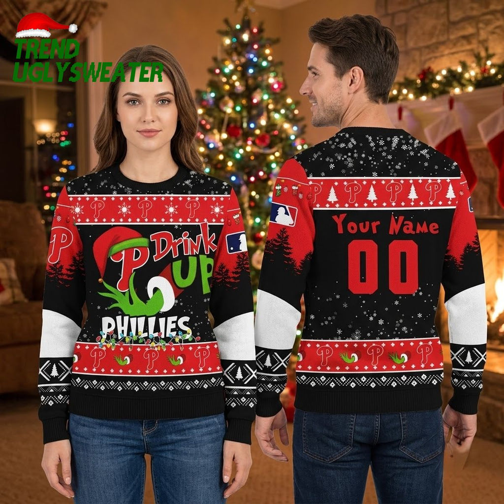 Philadelphia Phillies Grinch Drink Up Personalized Custom Name And Number Ugly Christmas Sweater