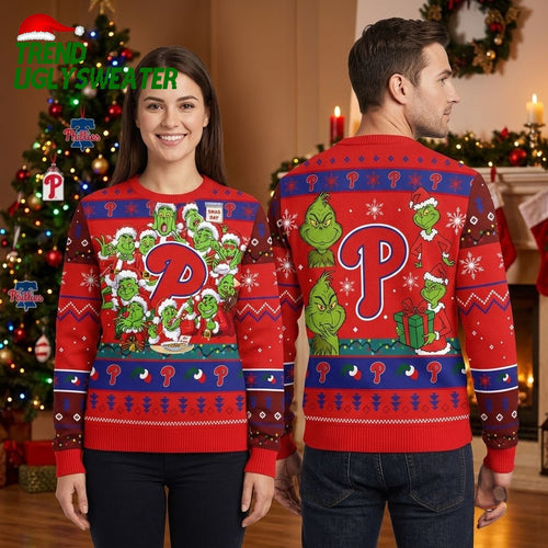 Philadelphia Phillies Grinch Santa Hat Ugly Christmas Sweater