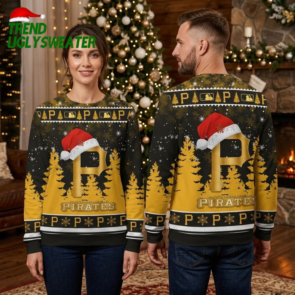 Pittsburgh Pirates Santa Hat And Gold Christmas Trees Ugly Christmas Sweater