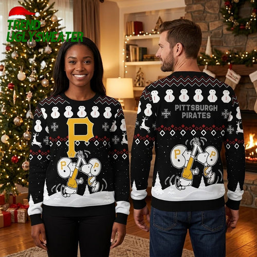 Pittsburgh Pirates Snoopy And Woodstock Playing Baseball Snowmen Ugly Christmas Sweater