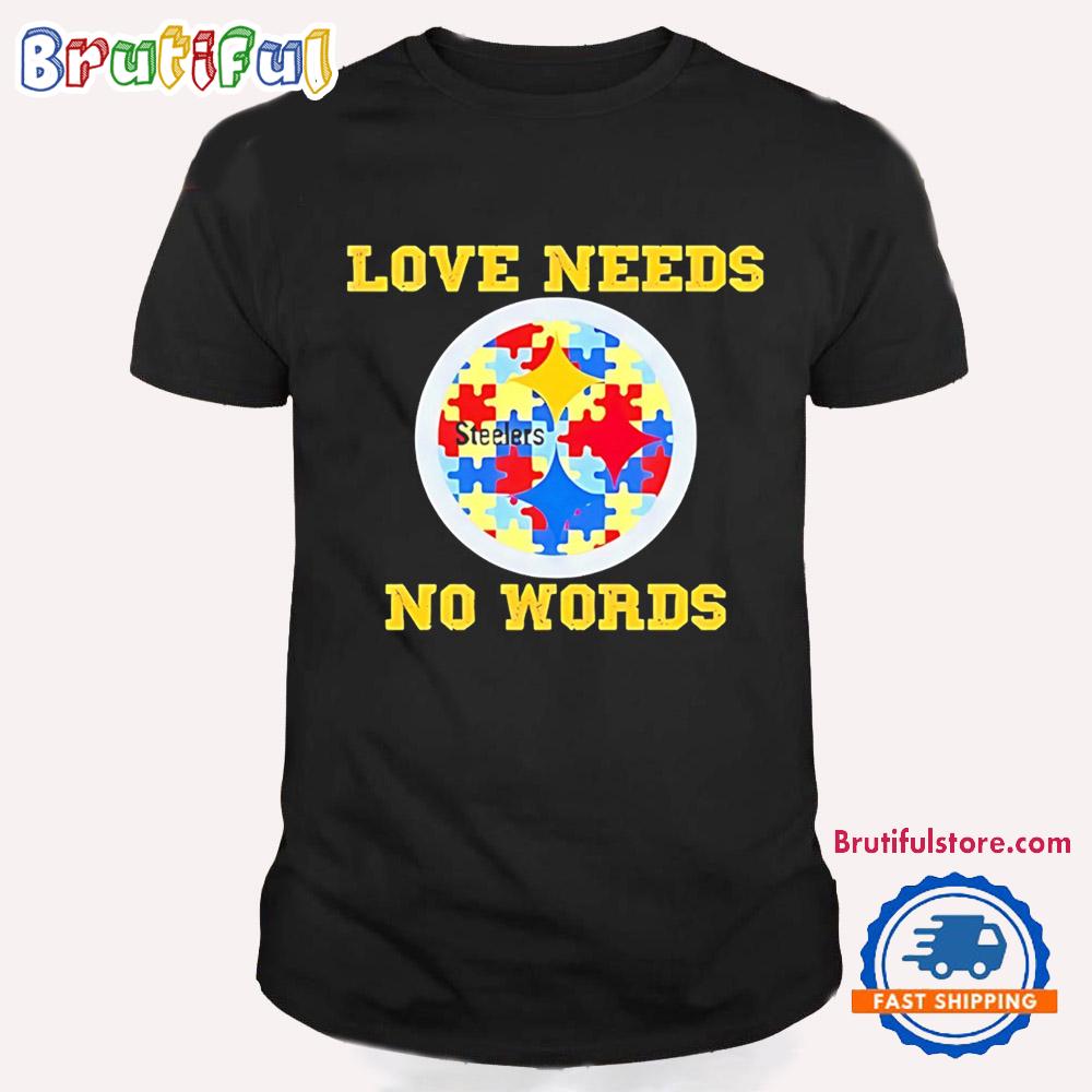 Pittsburgh Steelers Autism Awareness Love Needs No Words Puzzle Pattern T Shirt