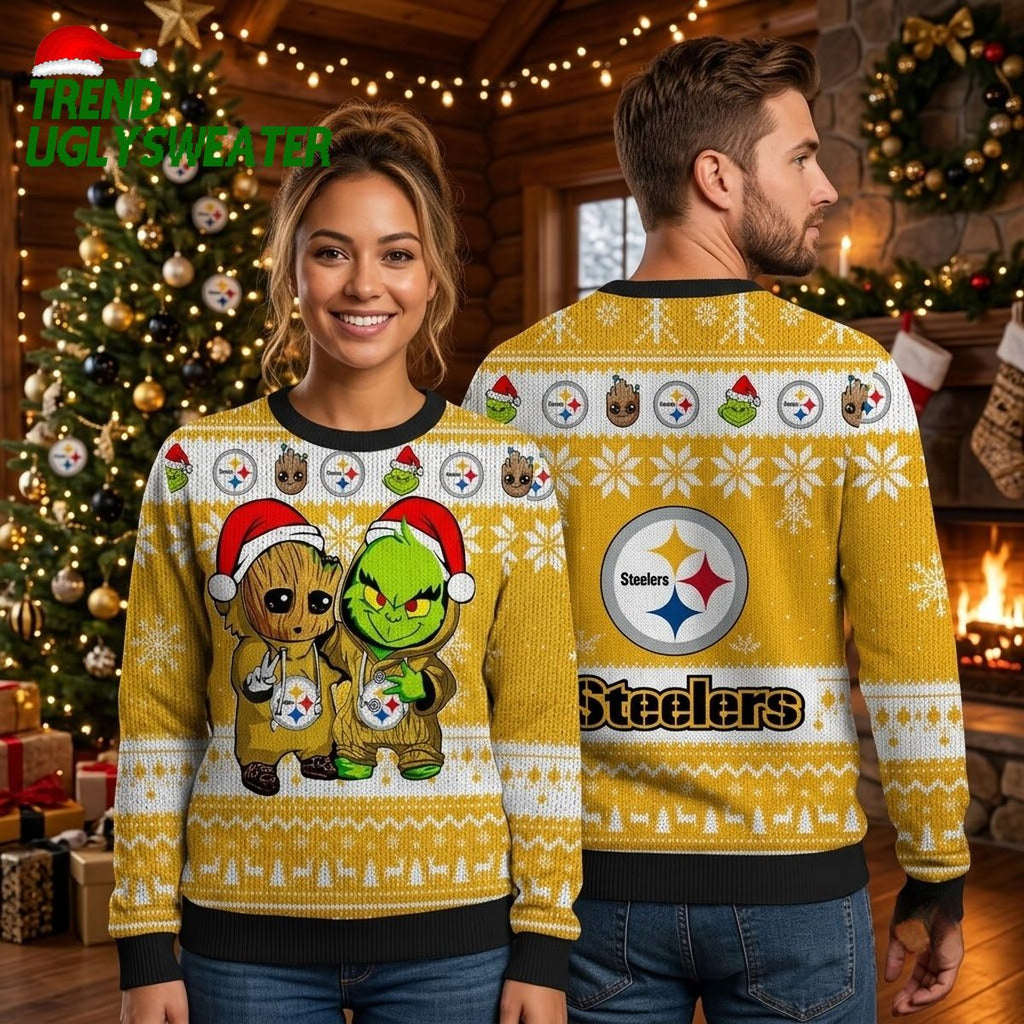 Pittsburgh Steelers Baby Groot And Grinch Ugly Christmas Sweater
