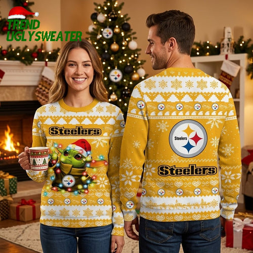 Pittsburgh Steelers Baby Yoda Christmas Lights Ugly Christmas Sweater