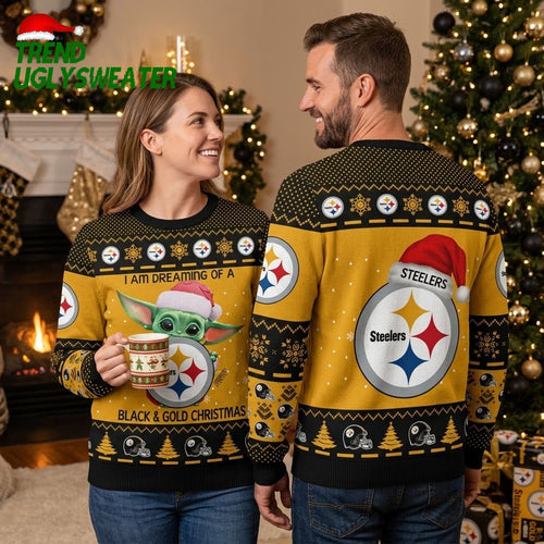 Pittsburgh Steelers Baby Yoda Dreaming Of A Black And Gold Christmas Ugly Christmas Sweater