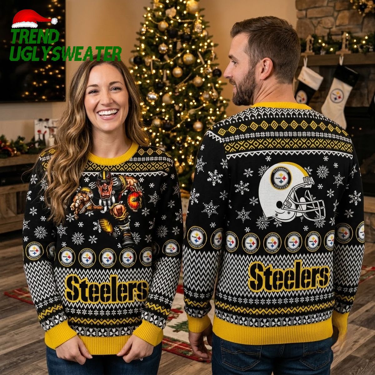 Pittsburgh Steelers Christmas Sweater With Snowflakes And Mascot Action