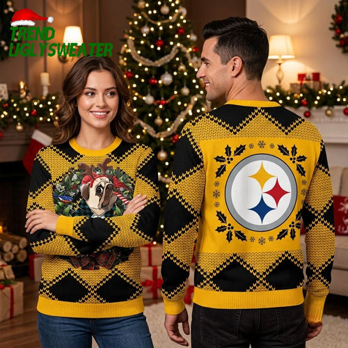 Pittsburgh Steelers Dog In Christmas Wreath Ugly Christmas Sweater