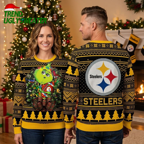 Pittsburgh Steelers Grinch Holding Football Ugly Christmas Sweater
