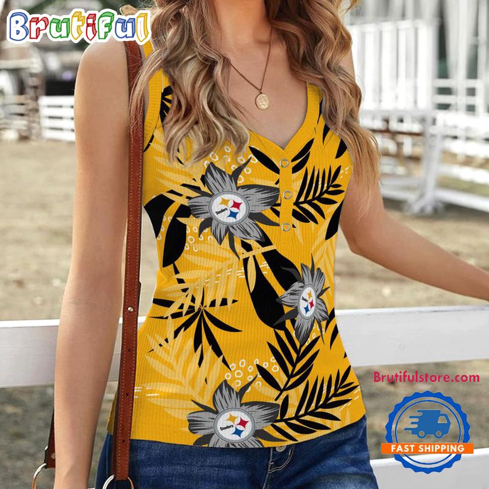 Pittsburgh Steelers Hibiscus Pattern Women’s V-Neck Ribbed Tank Top