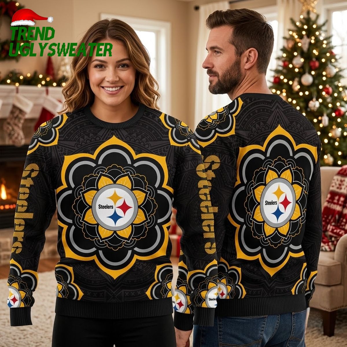 Pittsburgh Steelers Holiday Mandala Logo Print Ugly Christmas Sweater