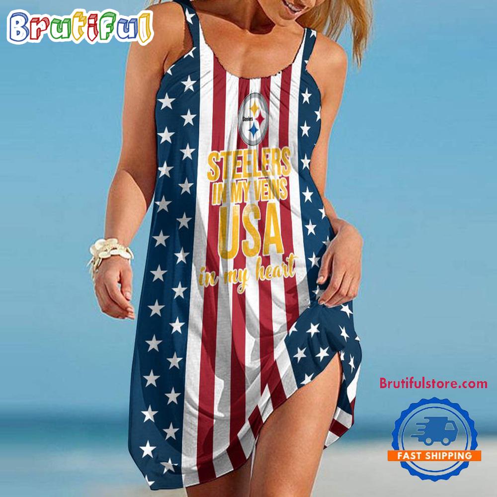 Pittsburgh Steelers In My Veins USA In My Heart Independence Day Women’s Summer Beach Sling Dress