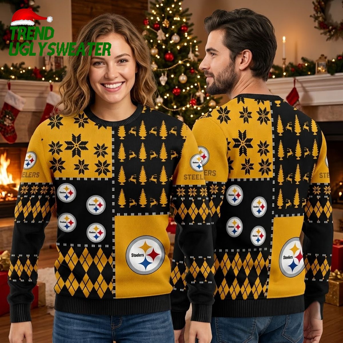 Pittsburgh Steelers Logo Print Snowflakes And Reindeer Ugly Christmas Sweater