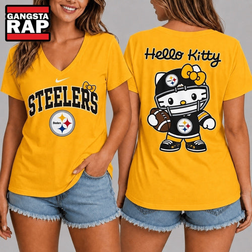 Pittsburgh Steelers NFL Hello Kitty Football V Neck T Shirt