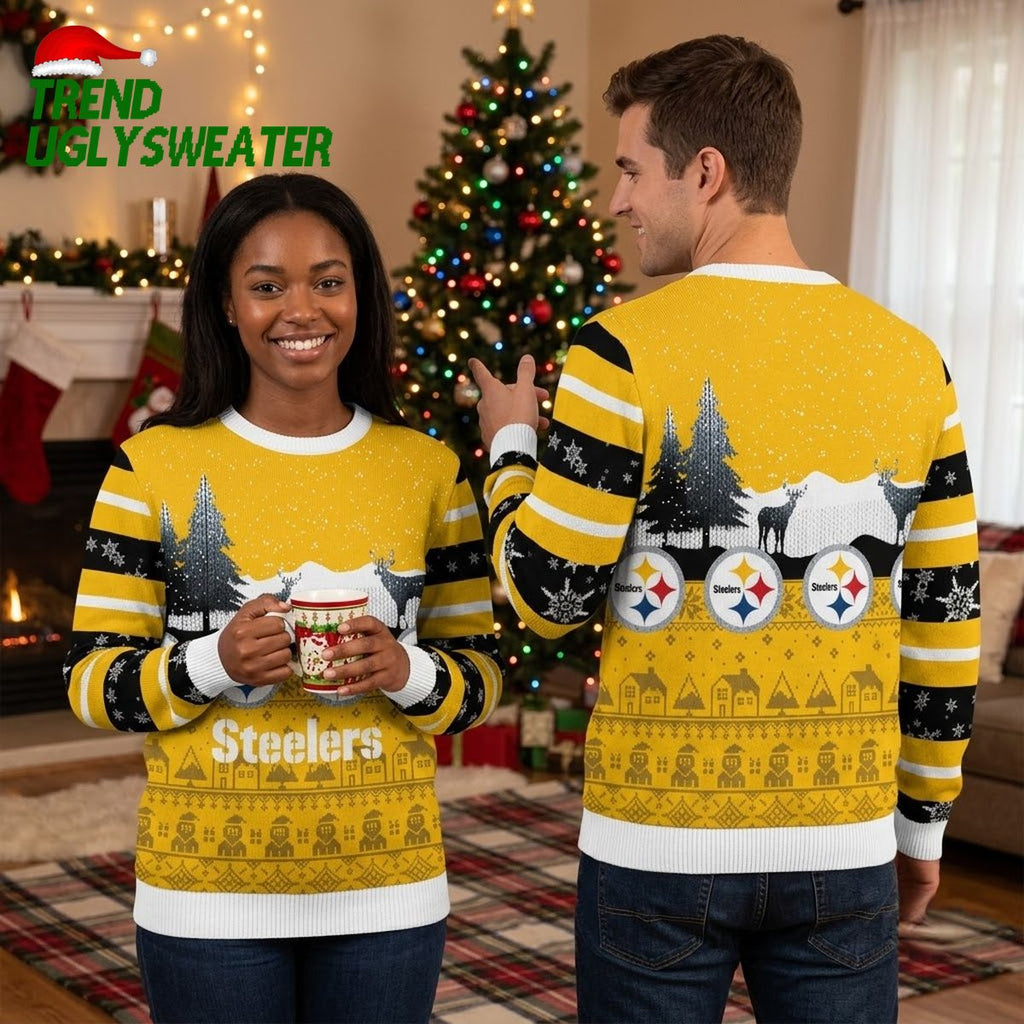 Pittsburgh Steelers Pine Trees And Reindeer Ugly Christmas Sweater