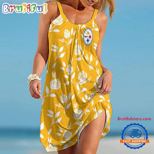 Pittsburgh Steelers Rose Pattern Women’s Summer Beach Sling Dress