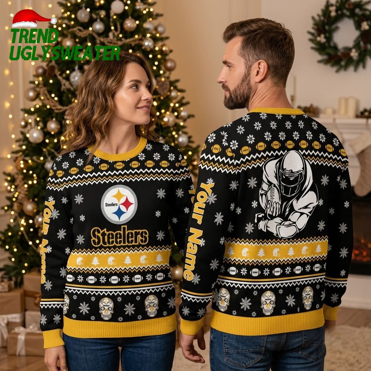 Pittsburgh Steelers Snowflake Custom Name Ugly Christmas Sweater