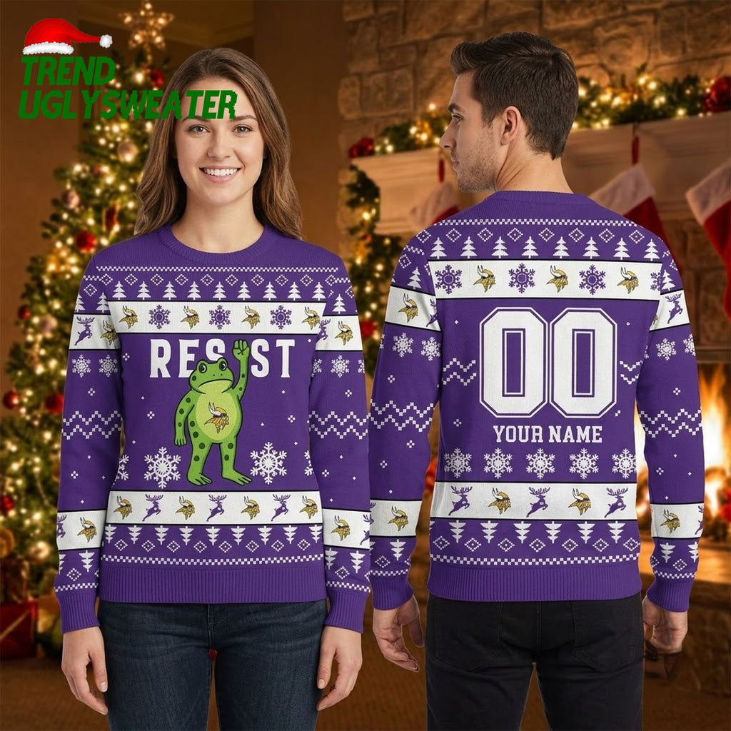 Portland Vikings Frog Resist Custom Name And Number Ugly Christmas Sweater