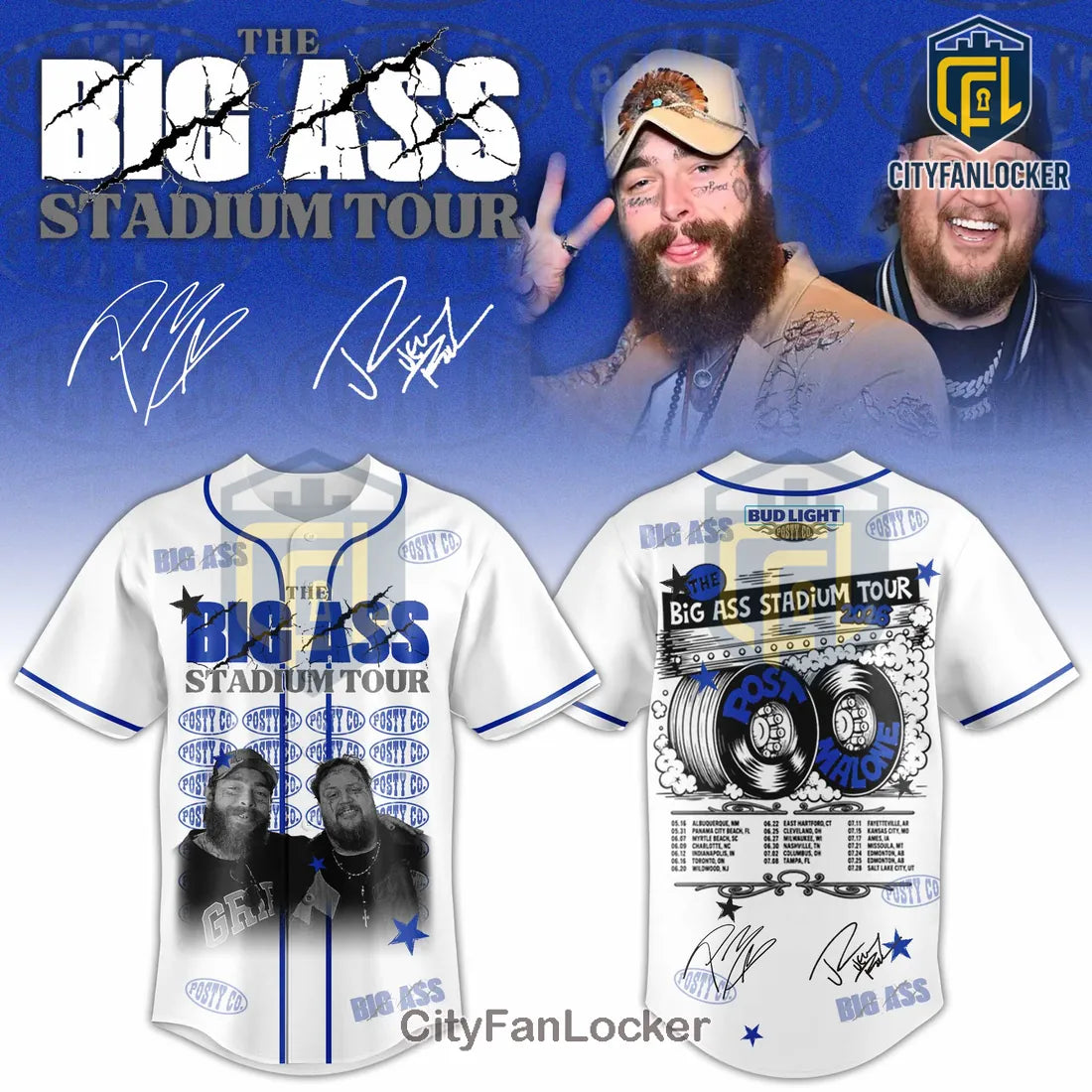 Post Malone x Jelly Roll The Big Ass Stadium Tour Baseball Jersey