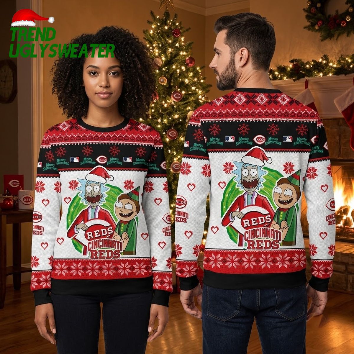 Rick And Morty Cincinnati Reds Santa Hat Ugly Christmas Sweater