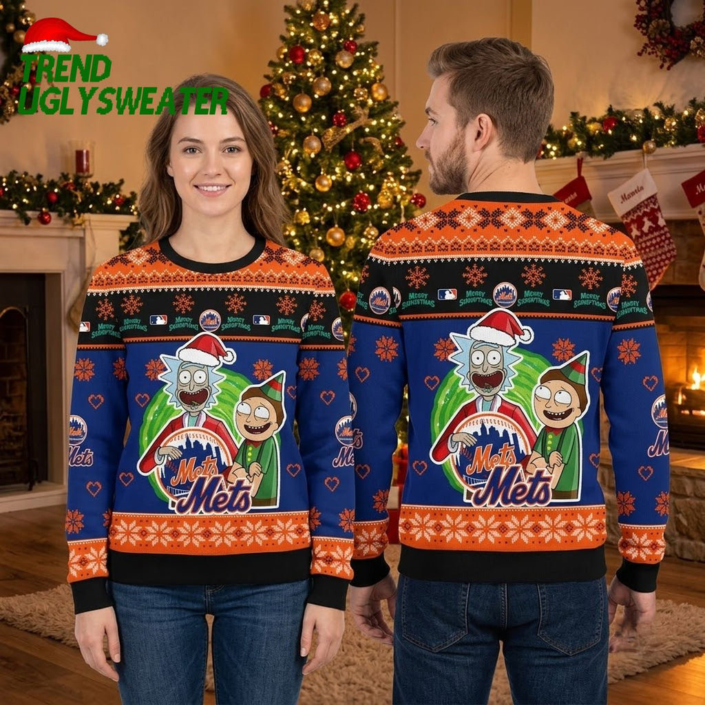Rick And Morty New York Mets Santa Navy Blue Ugly Christmas Sweater