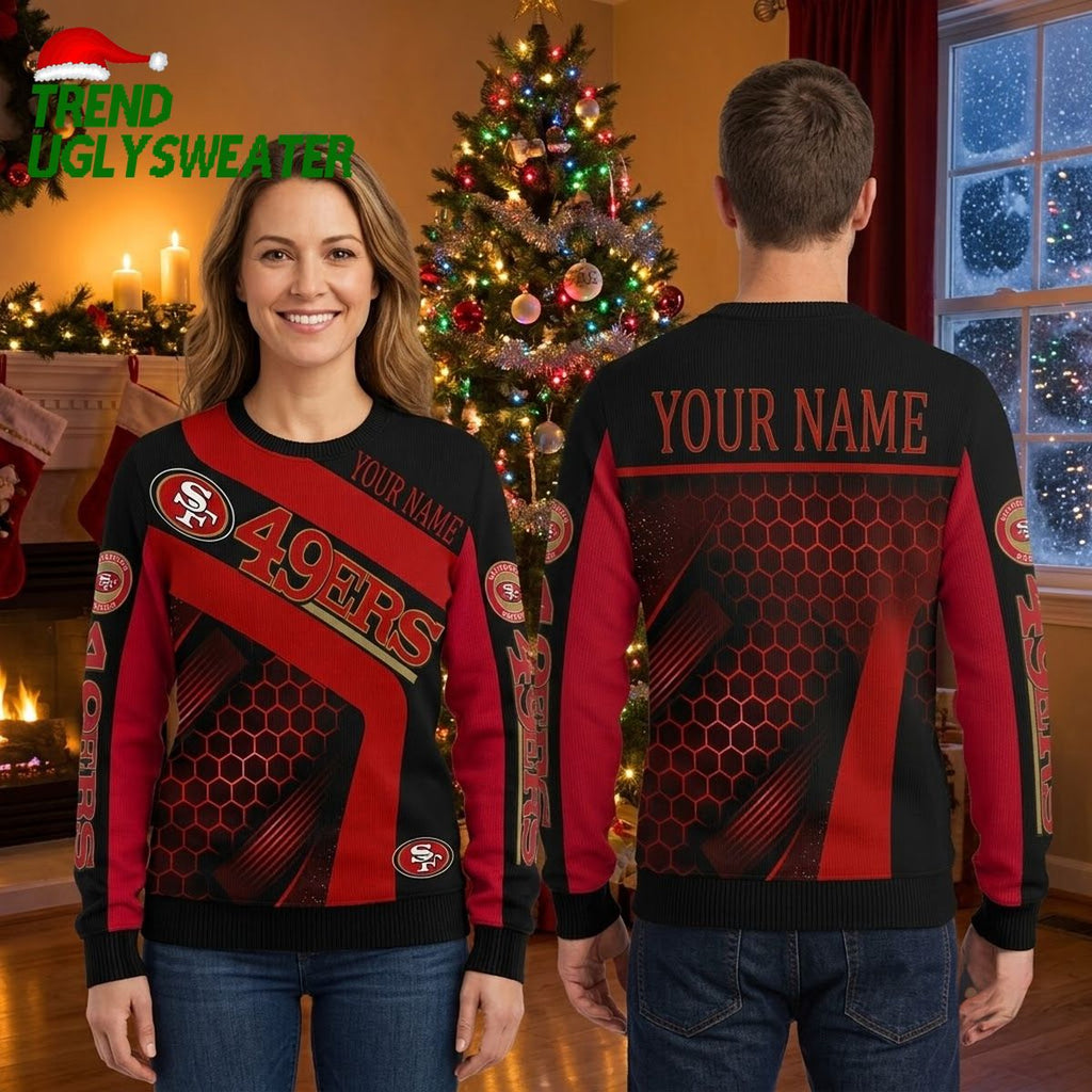 San Francisco 49ers Custom Name Honeycomb Pattern Ugly Christmas Sweater