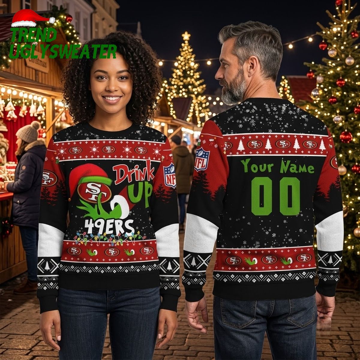San Francisco 49ers Grinch Drink Up Custom Name And Number Ugly Christmas Sweater