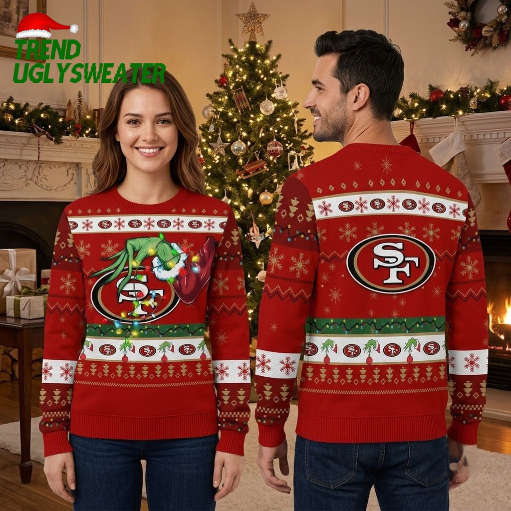 San Francisco 49ers Grinch Hand Holding Football Ugly Christmas Sweater
