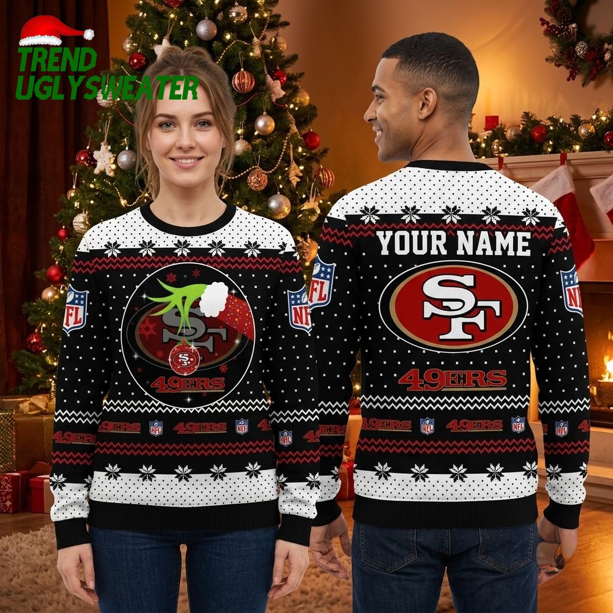 San Francisco 49ers Grinch Hands Custom Name Ugly Christmas Sweater