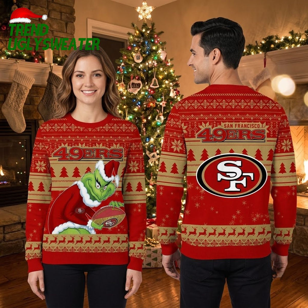 San Francisco 49ers Grinch Playing Football Ugly Christmas Sweater