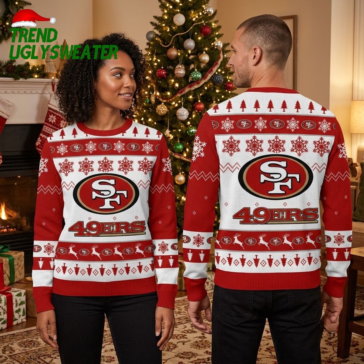 San Francisco 49ers Logo Snowflake And Reindeer Ugly Christmas Sweater