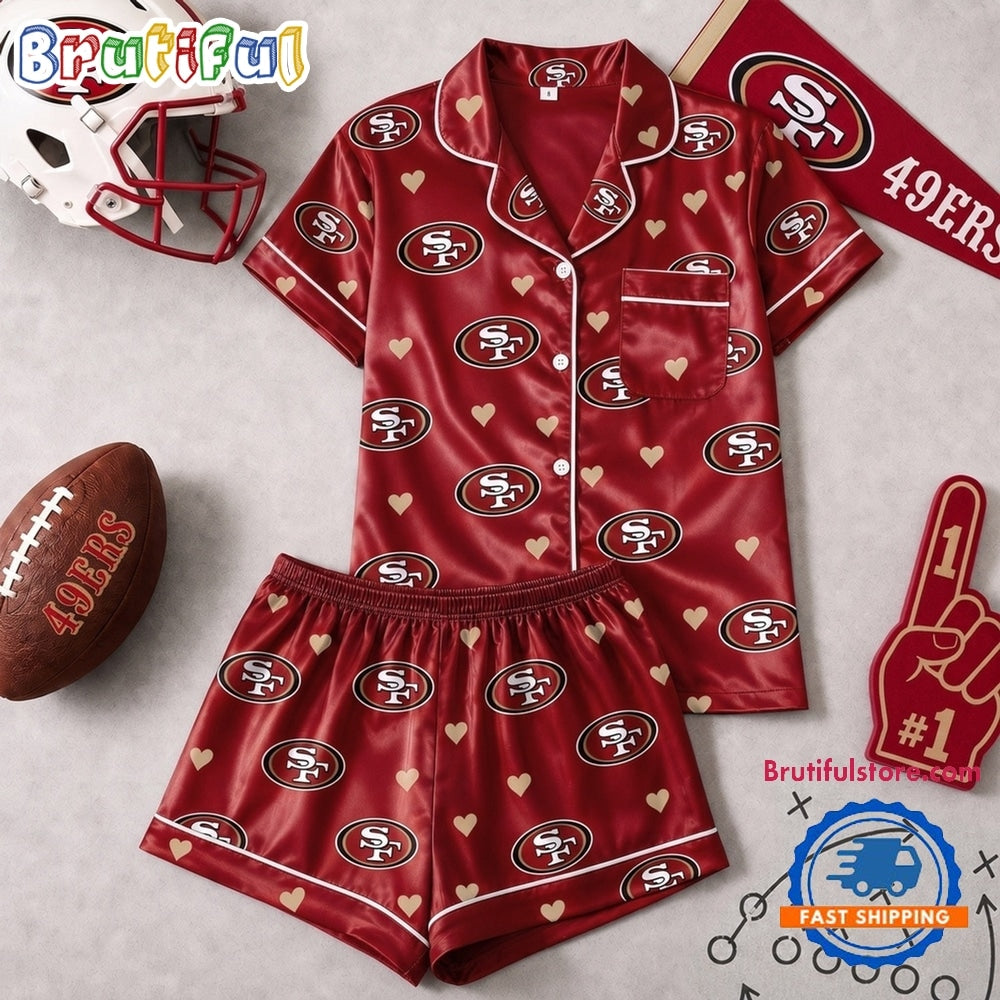 San Francisco 49ers NFL Logo Team Love Satin Short Sleeve Pajamas Set