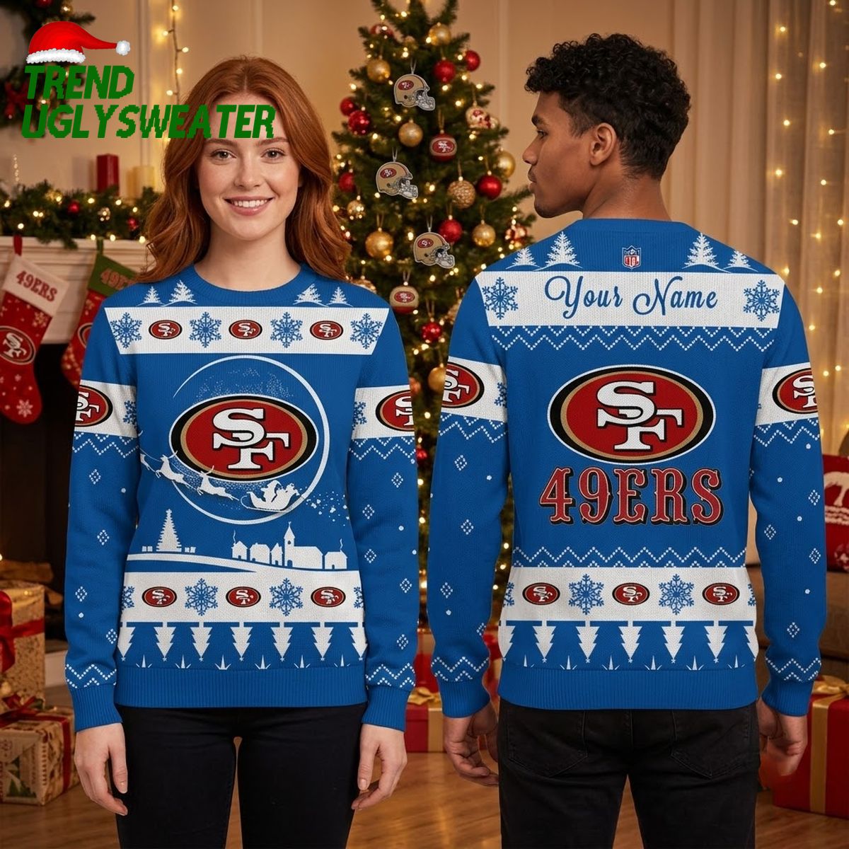 San Francisco 49ers Snowflake And Santa Sleigh Ugly Christmas Sweater