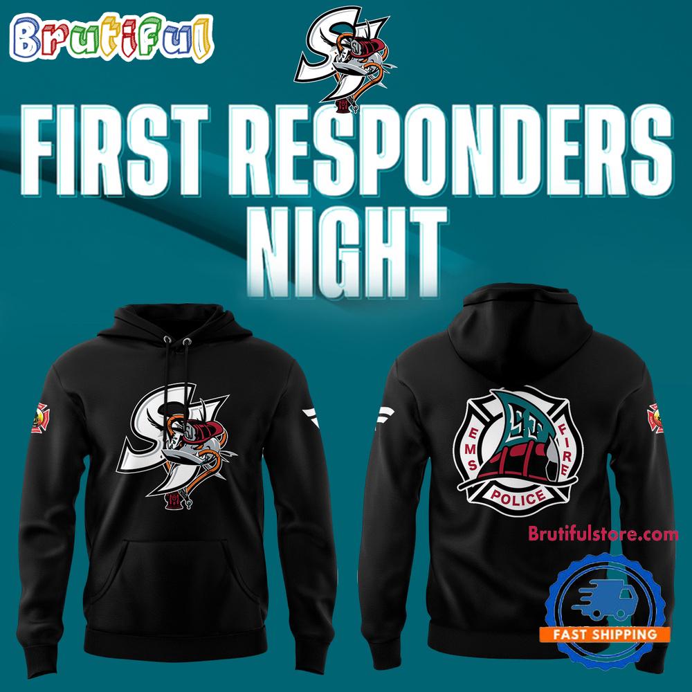 San Jose Sharks Barracuda x First Responders Night 2025 Black Hoodie T-Shirt