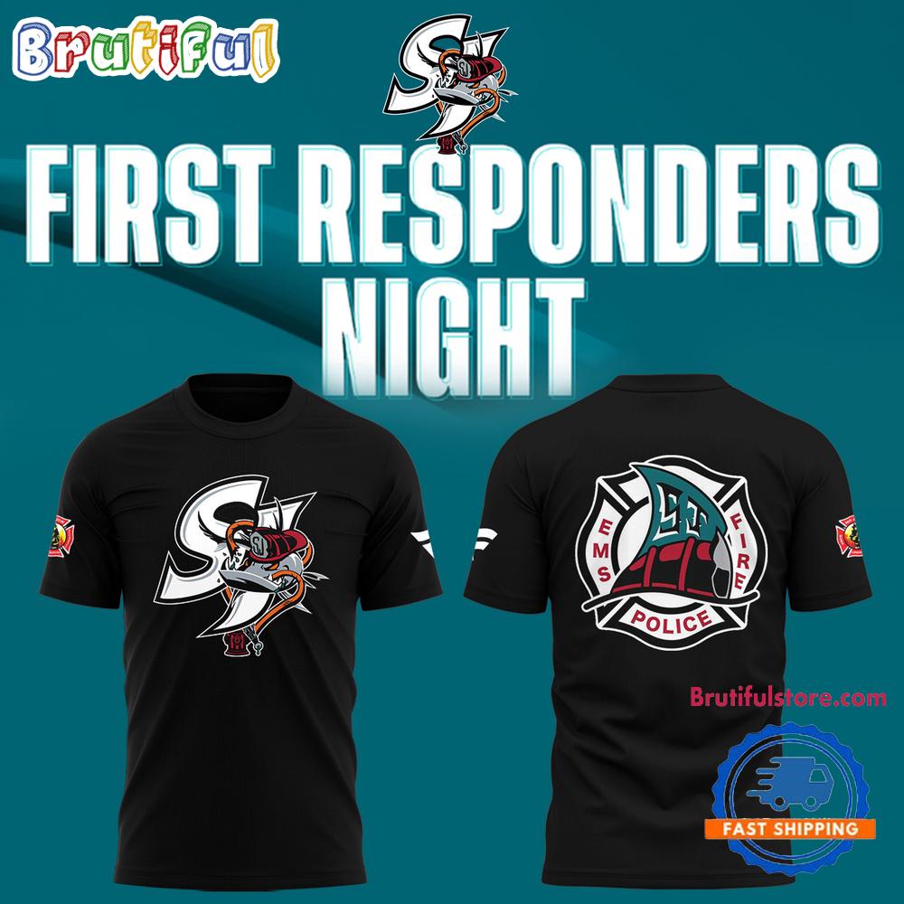 San Jose Sharks Barracuda x First Responders Night 2025 Black Hoodie T-Shirt