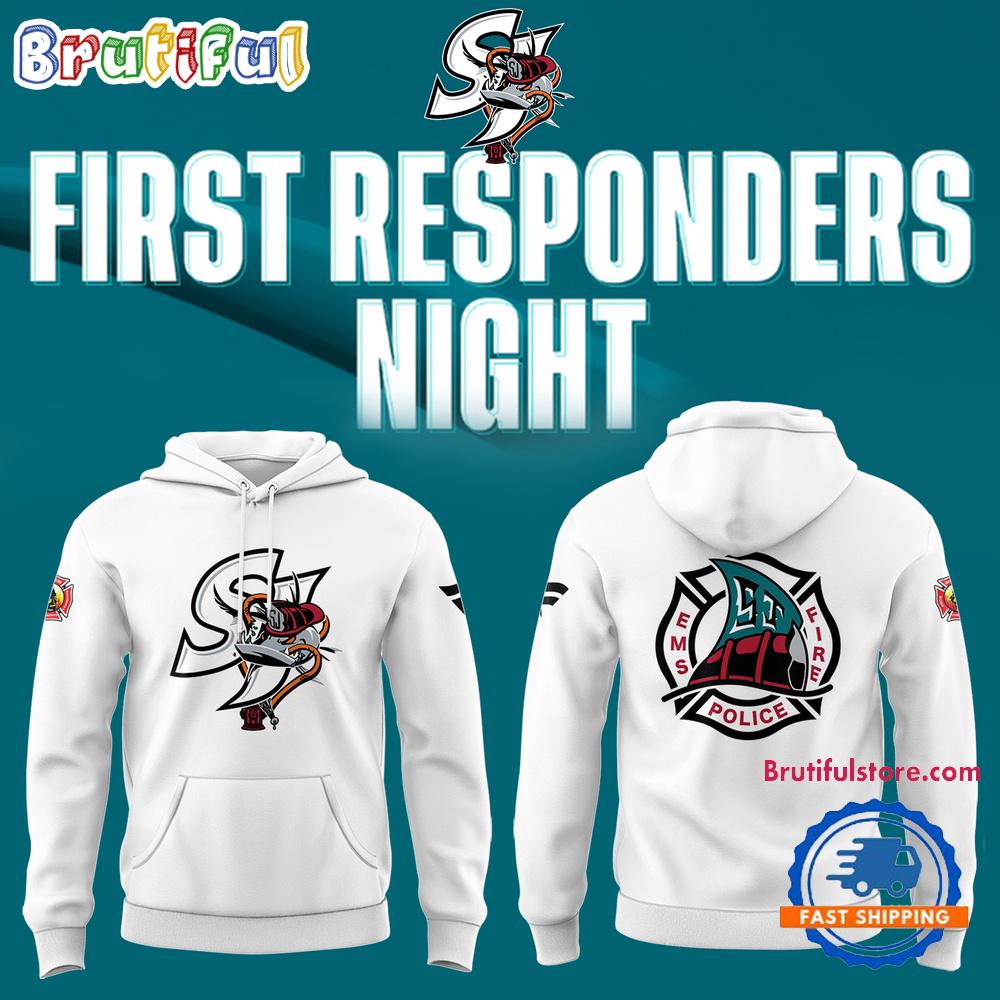 San Jose Sharks Barracuda x First Responders Night 2025 White Hoodie T-Shirt