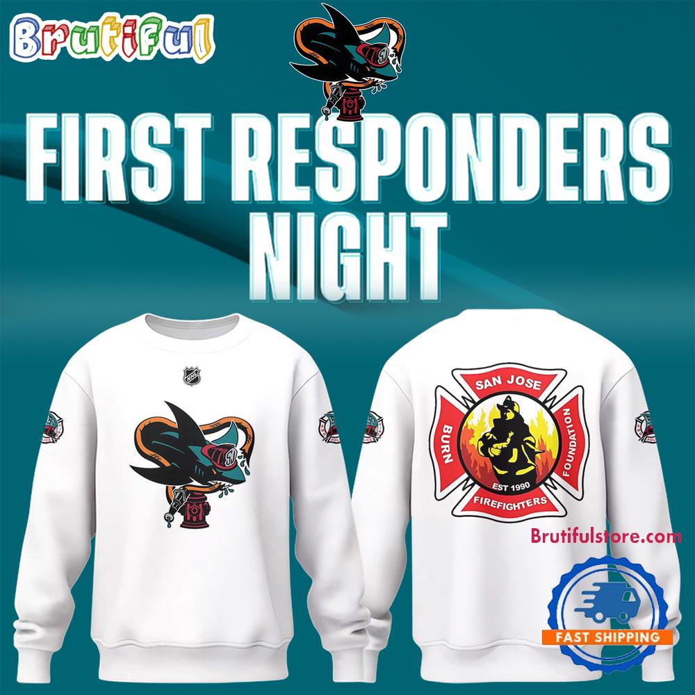 San Jose Sharks Barracuda x First Responders Night 2025 White Hoodie T-Shirt