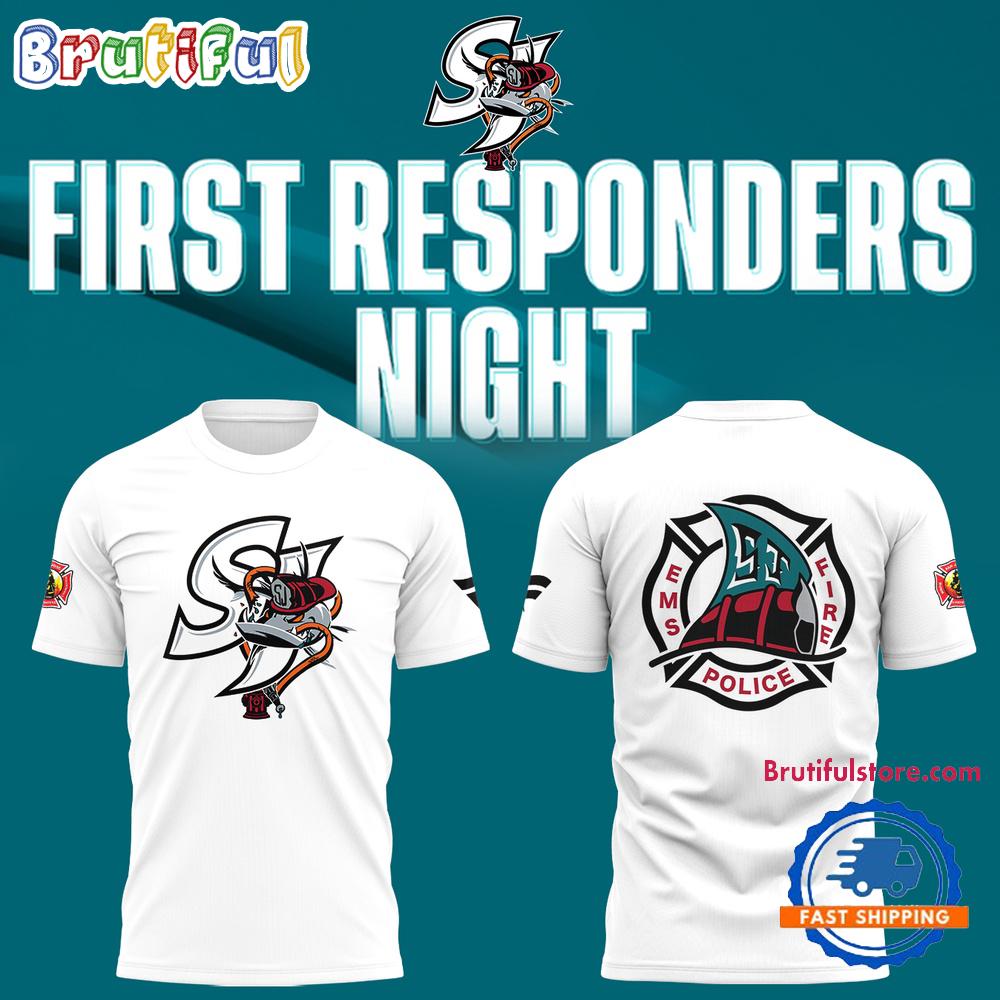 San Jose Sharks Barracuda x First Responders Night 2025 White Hoodie T-Shirt