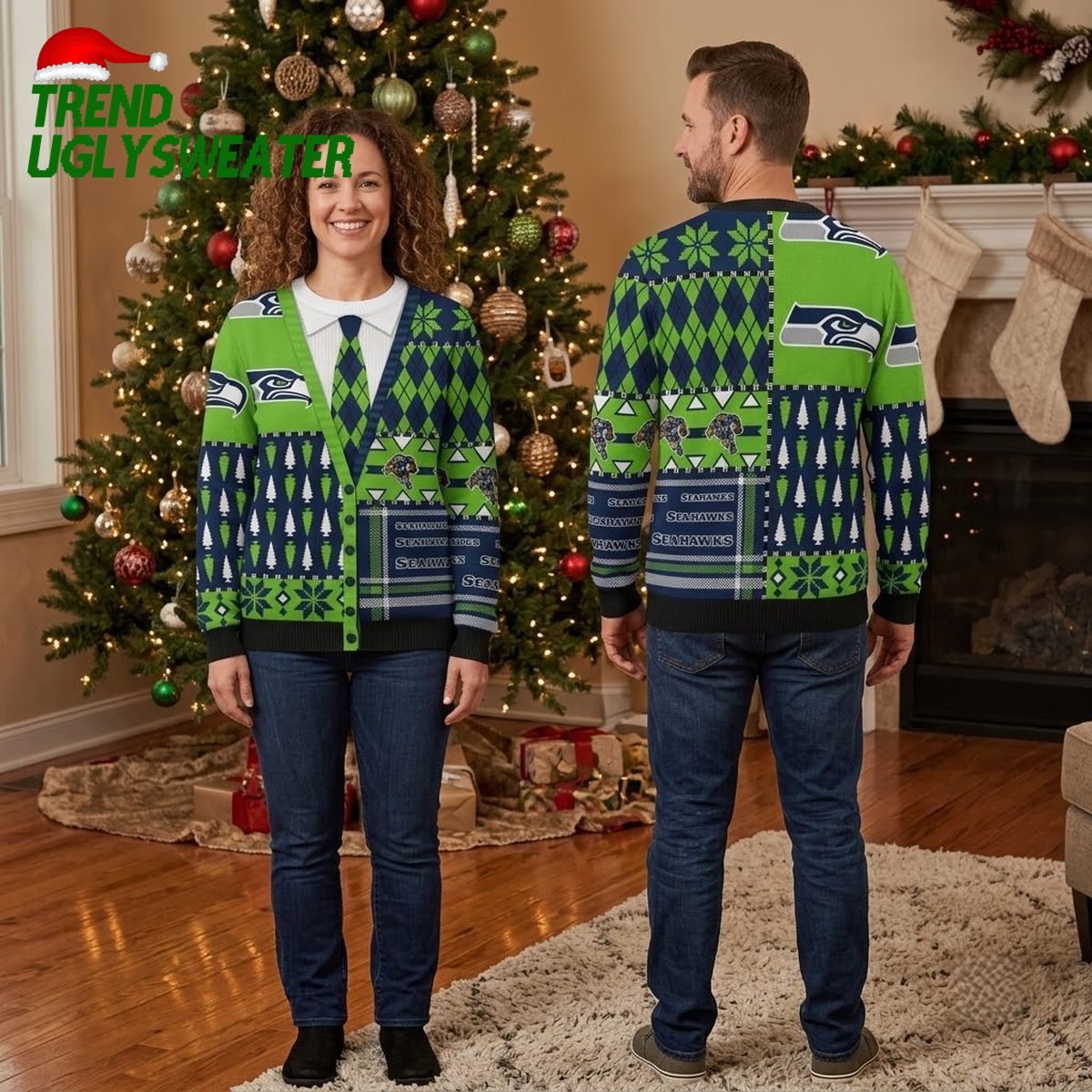 Seahawks Argyle Snowflake Tie And Logo Ugly Christmas Sweater