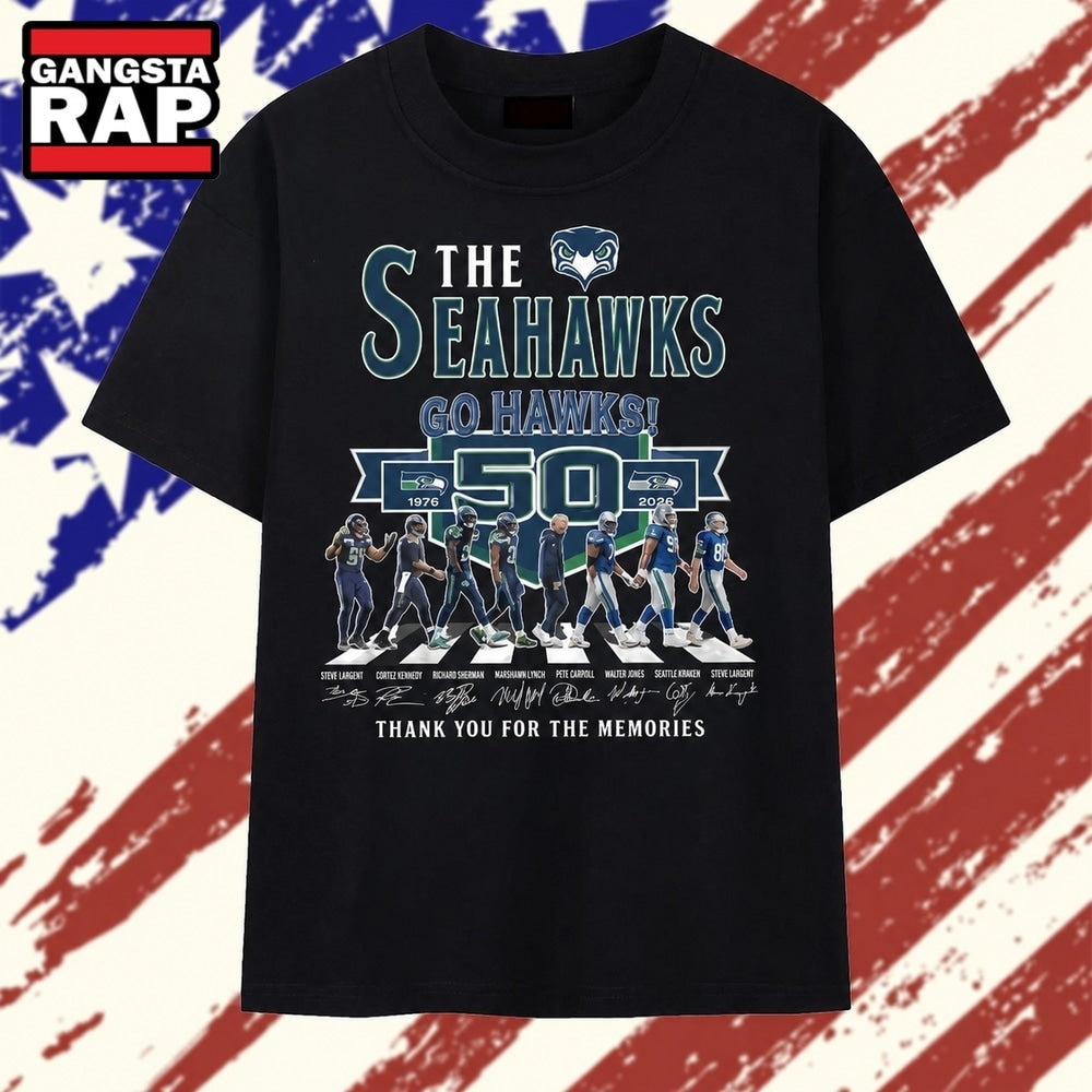 Seattle Seahawks 50th Anniversary 1976 2026 Legends Walking Signatures T Shirt