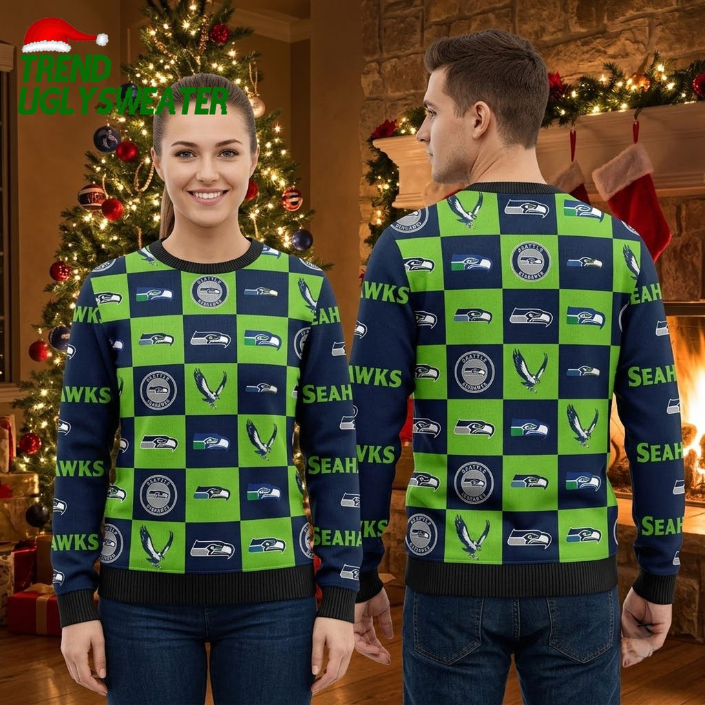 Seattle Seahawks Checkered Logo Pattern Ugly Christmas Sweater
