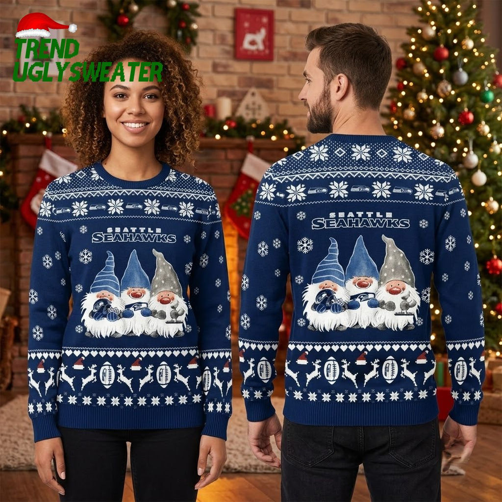 Seattle Seahawks Christmas Gnome Trio Snowflake Football Ugly Christmas Sweater