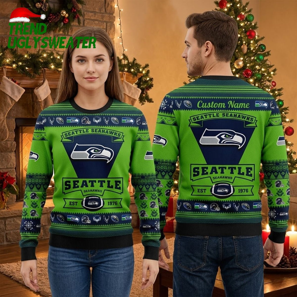 Seattle Seahawks Custom Name Football Helmet Ugly Christmas Sweater