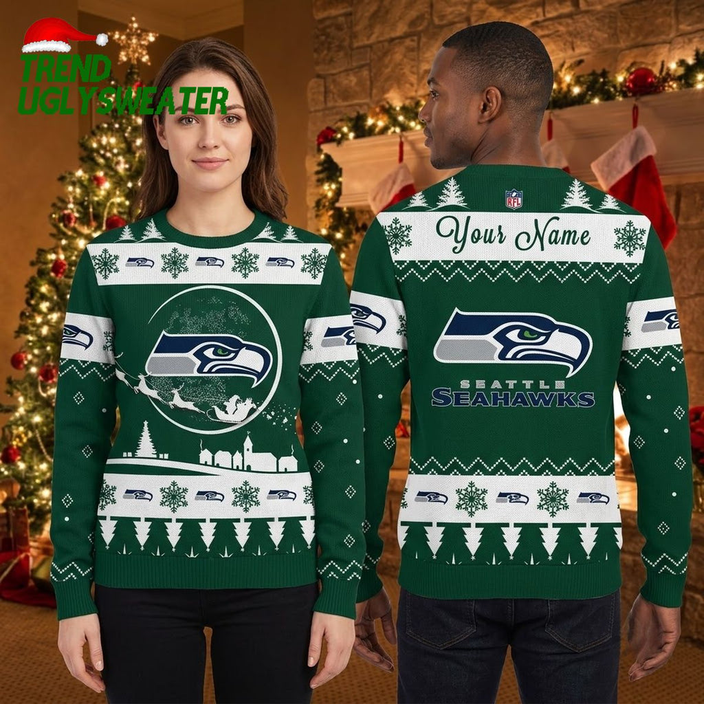 Seattle Seahawks Custom Name Snowflake Logo Holiday Game Day Gift Ugly Christmas Sweater