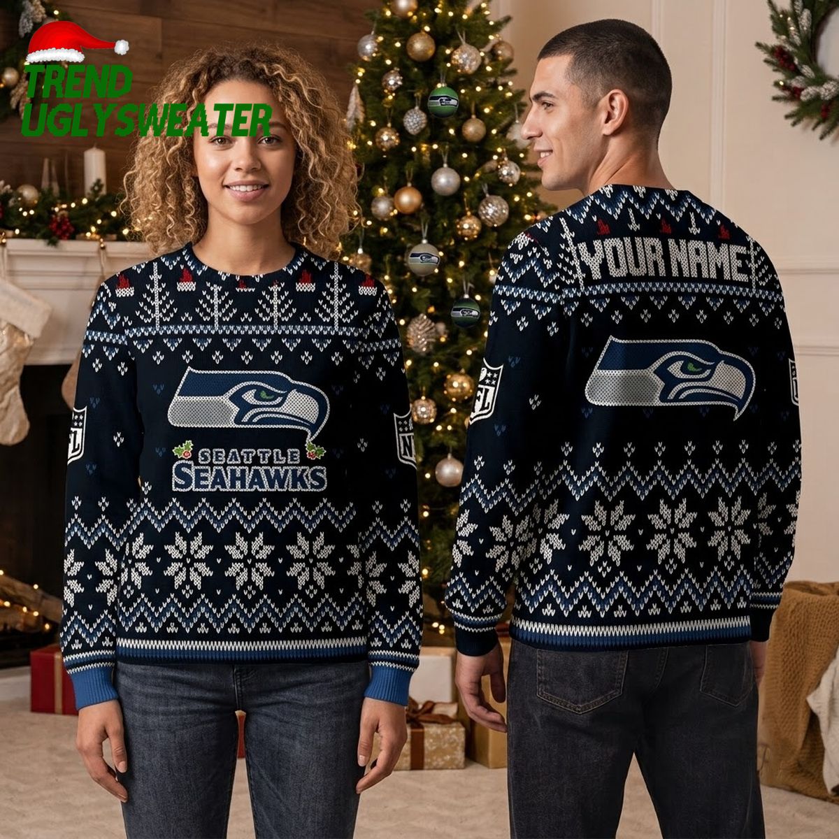 Seattle Seahawks Custom Name Snowflake Logo Ugly Christmas Sweater