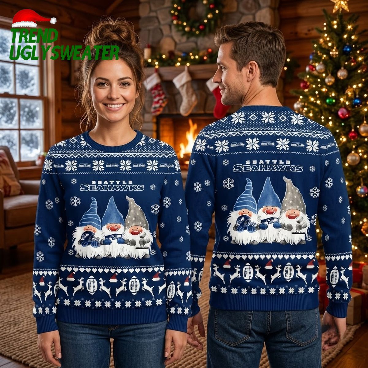 Seattle Seahawks Football Gnome Trio Ugly Christmas Sweater