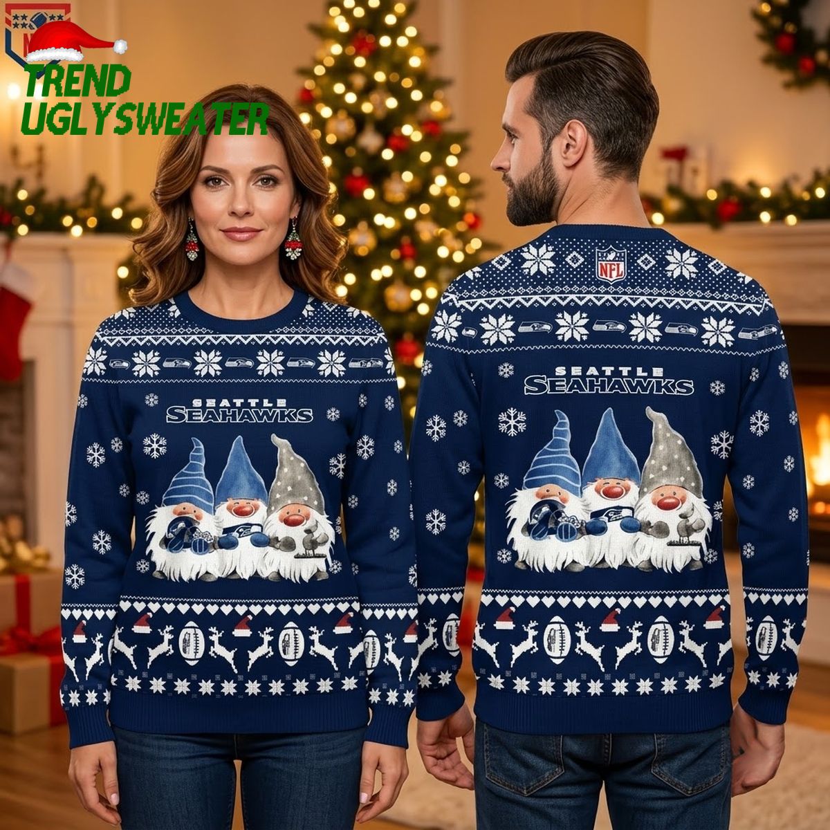 Seattle Seahawks Gnome Trio Snowflake Football Ugly Christmas Sweater
