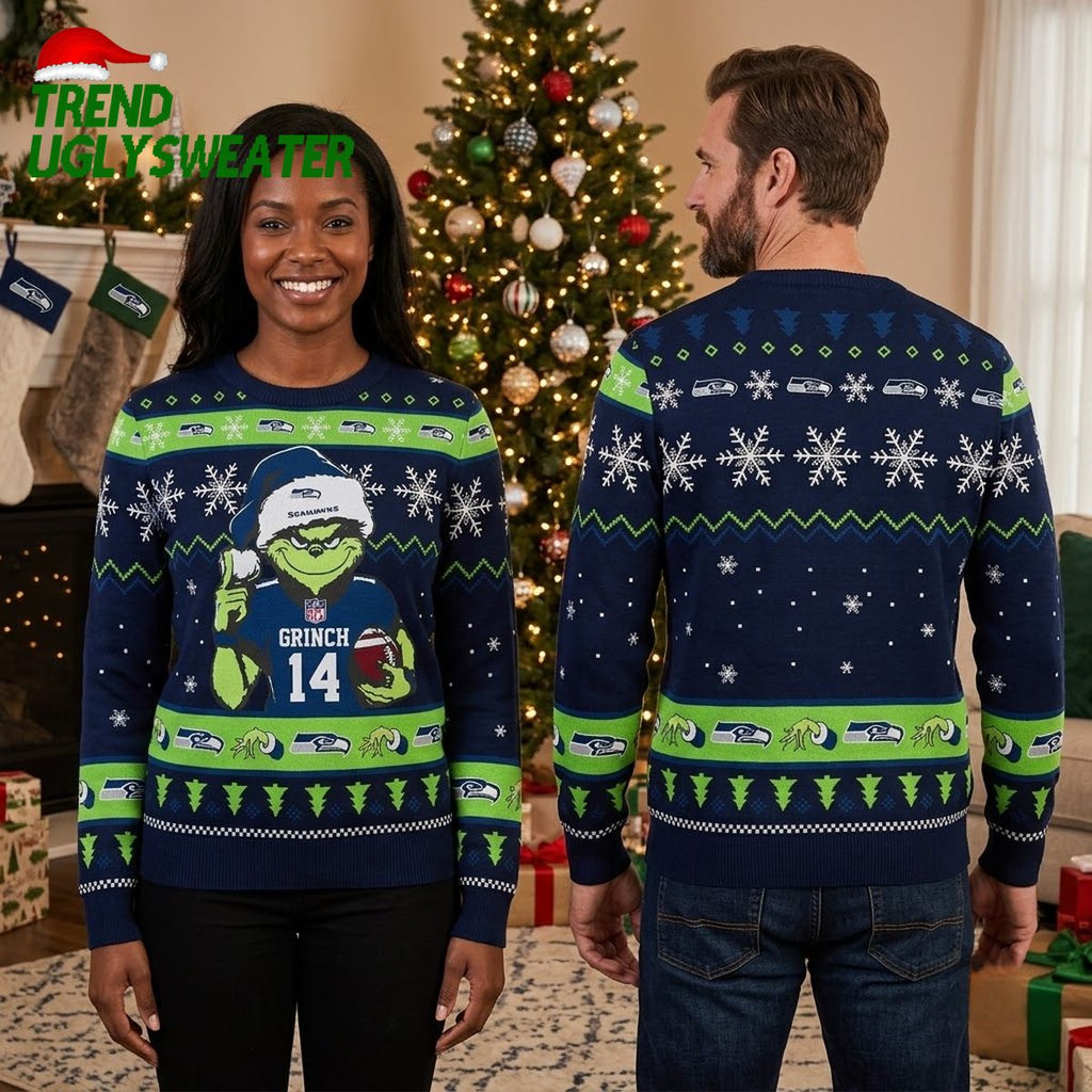 Seattle Seahawks Grinch Football Player Custom Name Number 14 Ugly Christmas Sweater