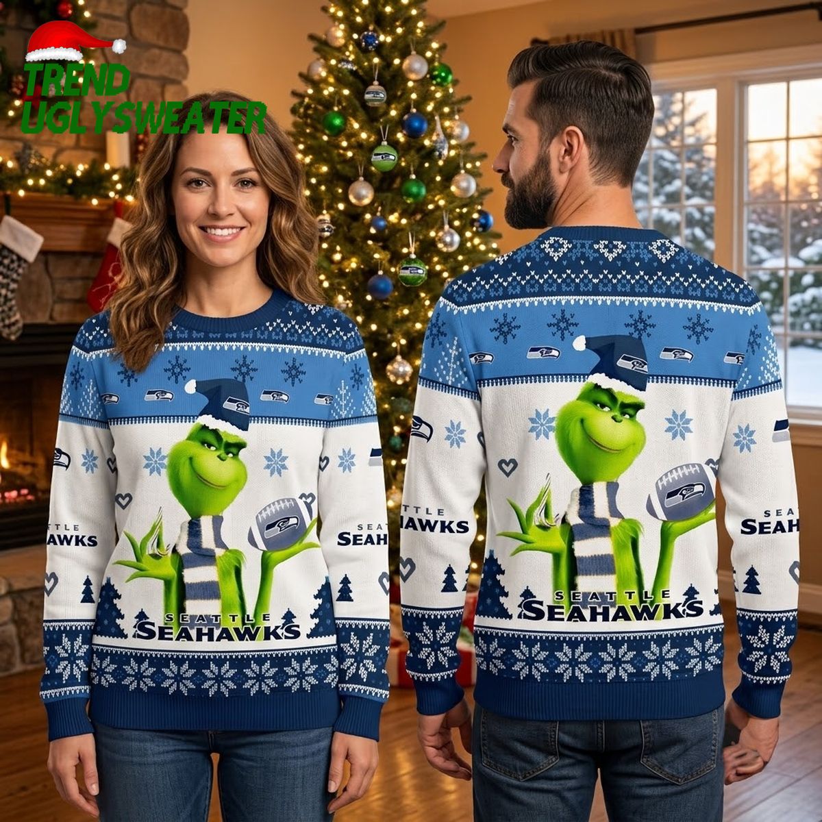 Seattle Seahawks Grinch Holding Football Snowflake Ugly Christmas Sweater
