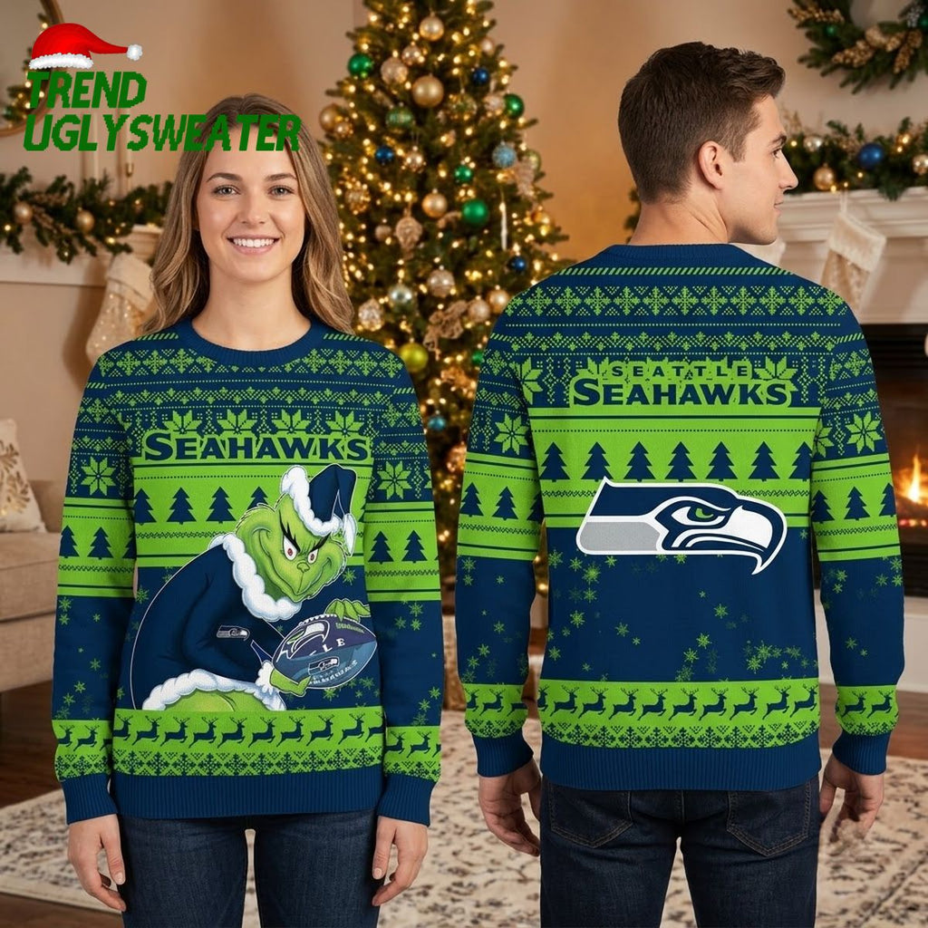 Seattle Seahawks Grinch Holding Football Ugly Christmas Sweater